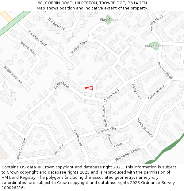 68, CORBIN ROAD, HILPERTON, TROWBRIDGE, BA14 7FN: Location map and indicative extent of plot