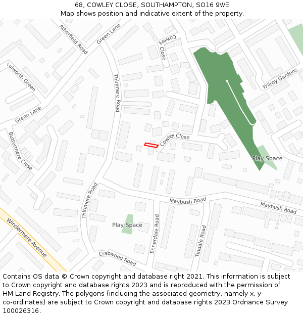68, COWLEY CLOSE, SOUTHAMPTON, SO16 9WE: Location map and indicative extent of plot