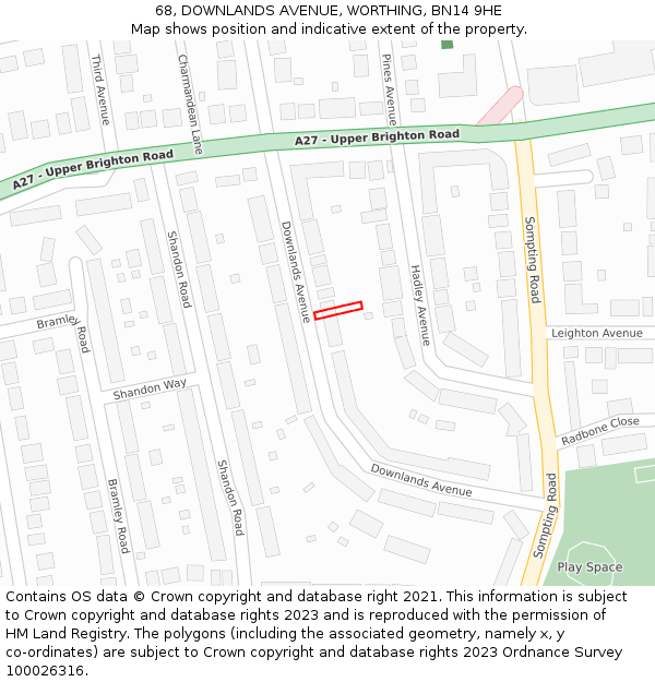 68, DOWNLANDS AVENUE, WORTHING, BN14 9HE: Location map and indicative extent of plot