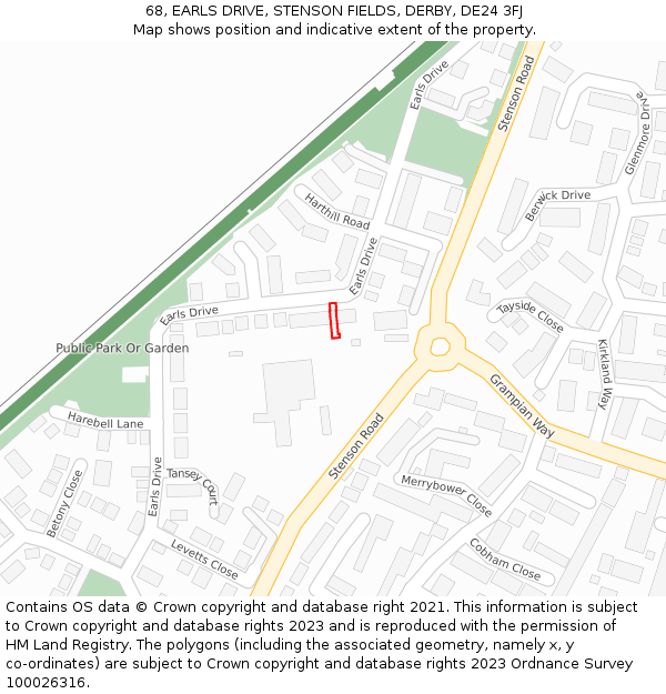 68, EARLS DRIVE, STENSON FIELDS, DERBY, DE24 3FJ: Location map and indicative extent of plot