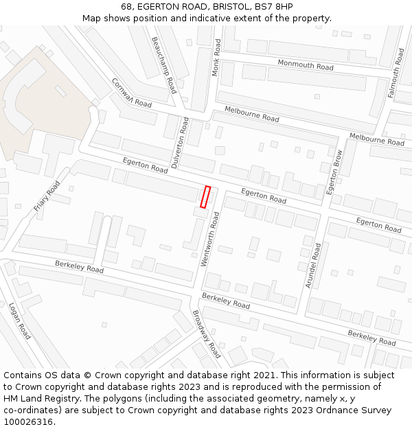68, EGERTON ROAD, BRISTOL, BS7 8HP: Location map and indicative extent of plot