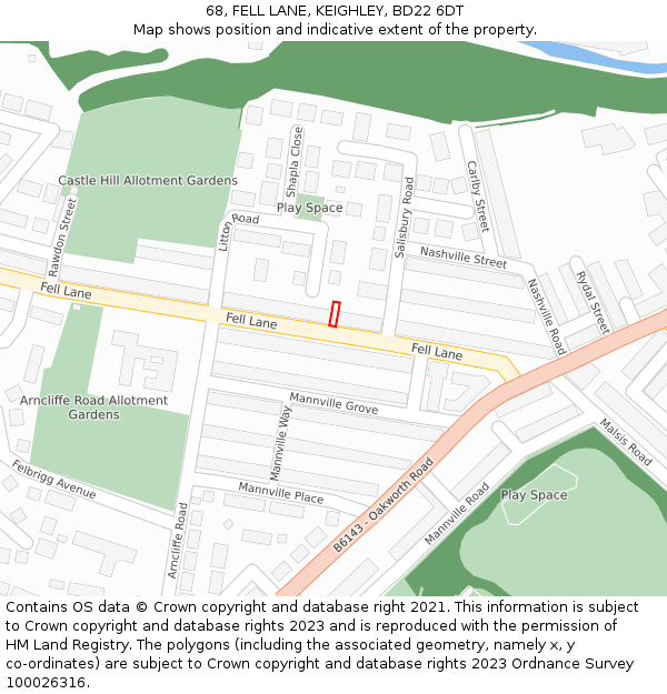 68, FELL LANE, KEIGHLEY, BD22 6DT: Location map and indicative extent of plot