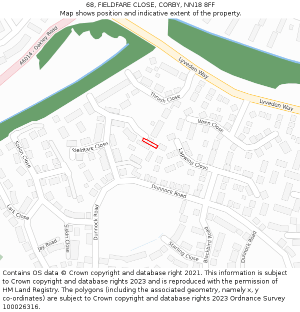 68, FIELDFARE CLOSE, CORBY, NN18 8FF: Location map and indicative extent of plot