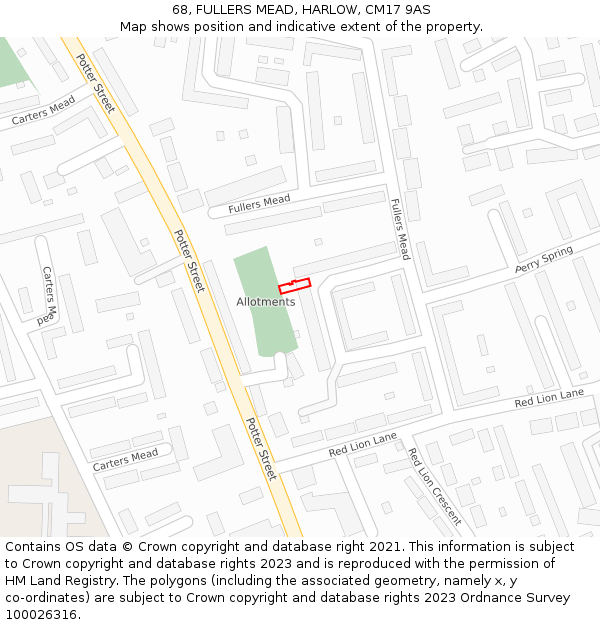 68, FULLERS MEAD, HARLOW, CM17 9AS: Location map and indicative extent of plot