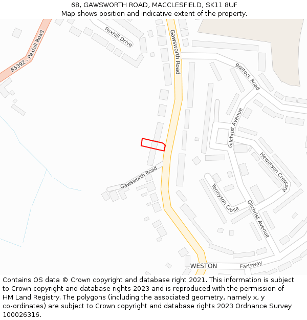 68, GAWSWORTH ROAD, MACCLESFIELD, SK11 8UF: Location map and indicative extent of plot