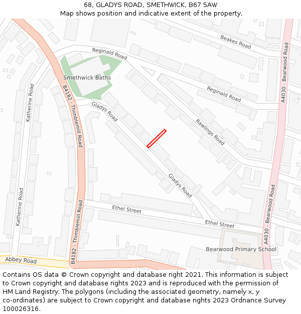 68, GLADYS ROAD, SMETHWICK, B67 5AW: Location map and indicative extent of plot