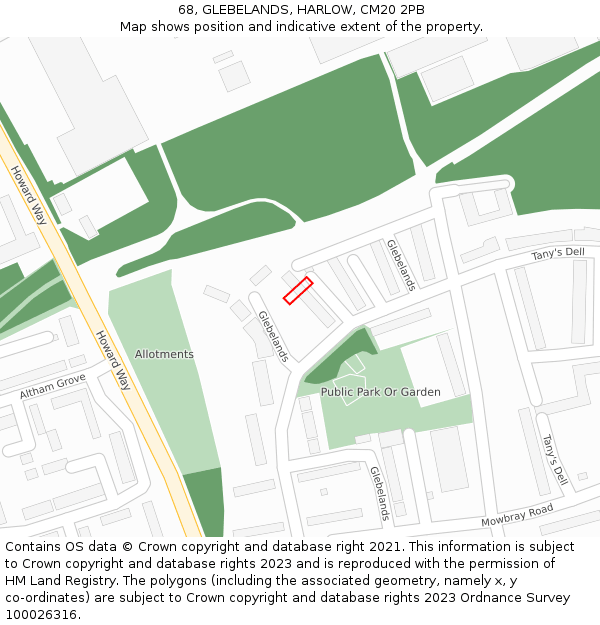 68, GLEBELANDS, HARLOW, CM20 2PB: Location map and indicative extent of plot