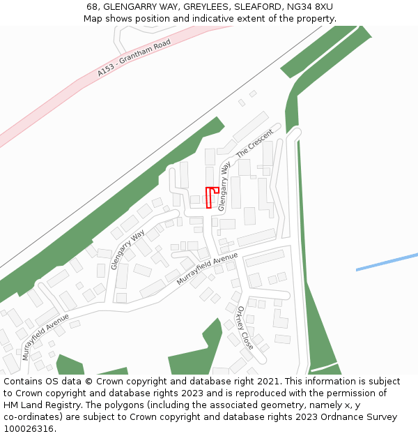 68, GLENGARRY WAY, GREYLEES, SLEAFORD, NG34 8XU: Location map and indicative extent of plot