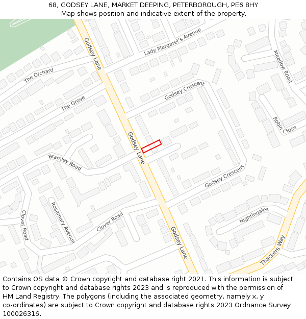 68, GODSEY LANE, MARKET DEEPING, PETERBOROUGH, PE6 8HY: Location map and indicative extent of plot