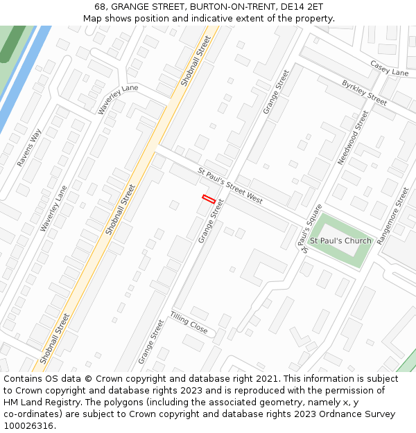68, GRANGE STREET, BURTON-ON-TRENT, DE14 2ET: Location map and indicative extent of plot
