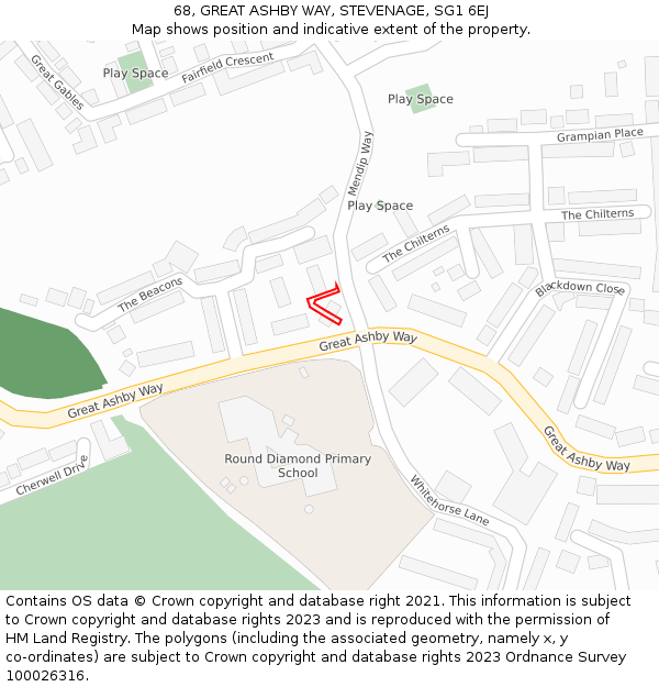 68, GREAT ASHBY WAY, STEVENAGE, SG1 6EJ: Location map and indicative extent of plot