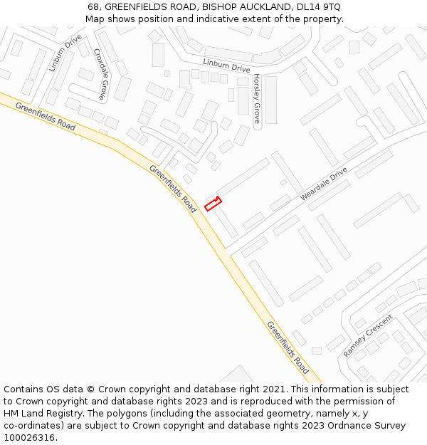 68, GREENFIELDS ROAD, BISHOP AUCKLAND, DL14 9TQ: Location map and indicative extent of plot
