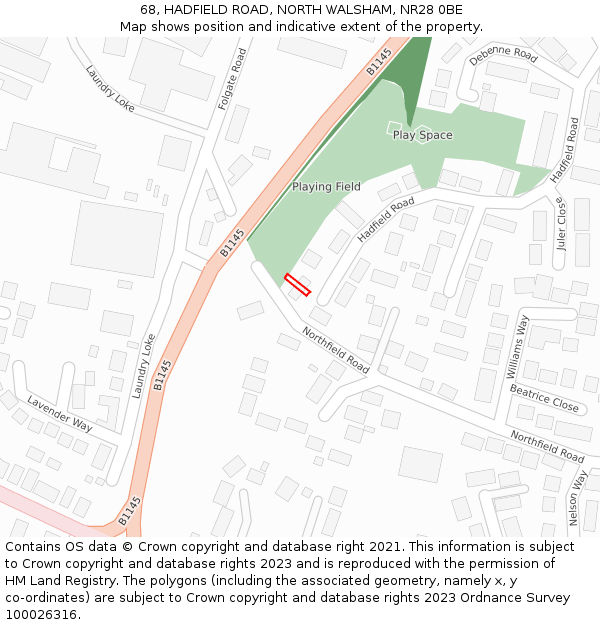 68, HADFIELD ROAD, NORTH WALSHAM, NR28 0BE: Location map and indicative extent of plot