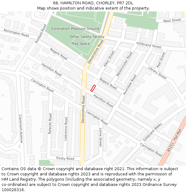 68, HAMILTON ROAD, CHORLEY, PR7 2DL: Location map and indicative extent of plot