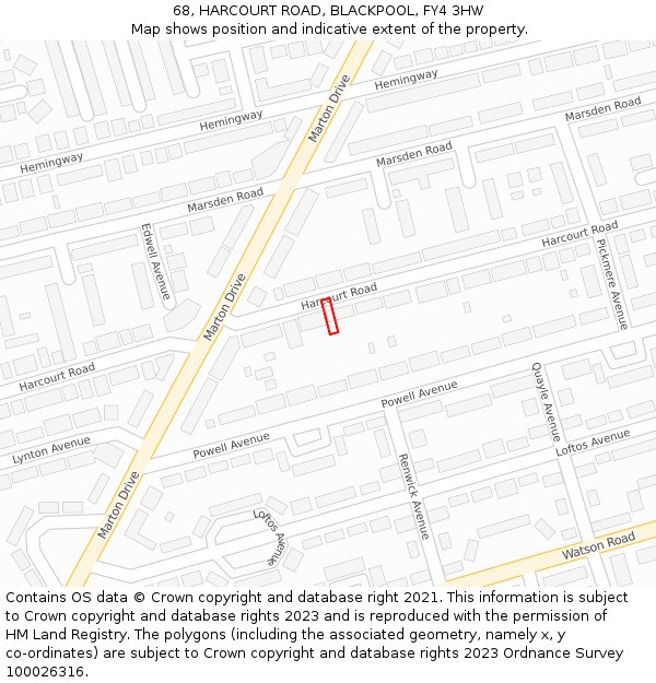 68, HARCOURT ROAD, BLACKPOOL, FY4 3HW: Location map and indicative extent of plot