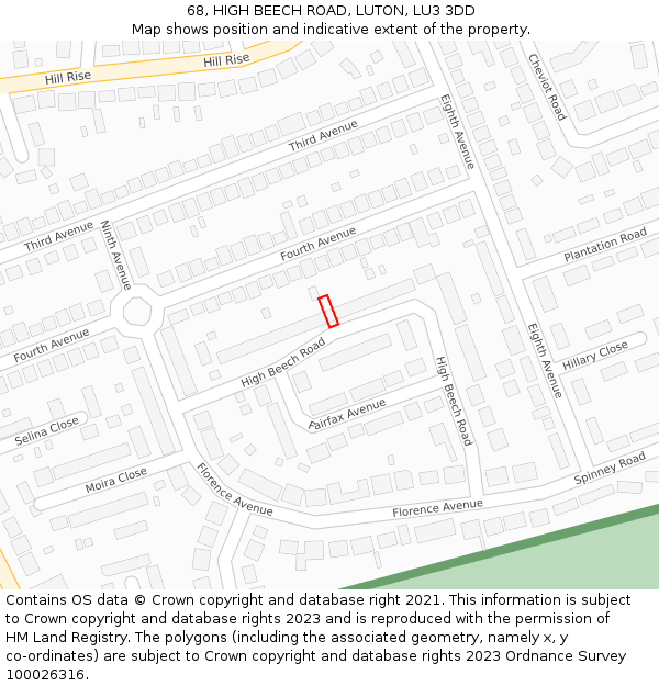 68, HIGH BEECH ROAD, LUTON, LU3 3DD: Location map and indicative extent of plot