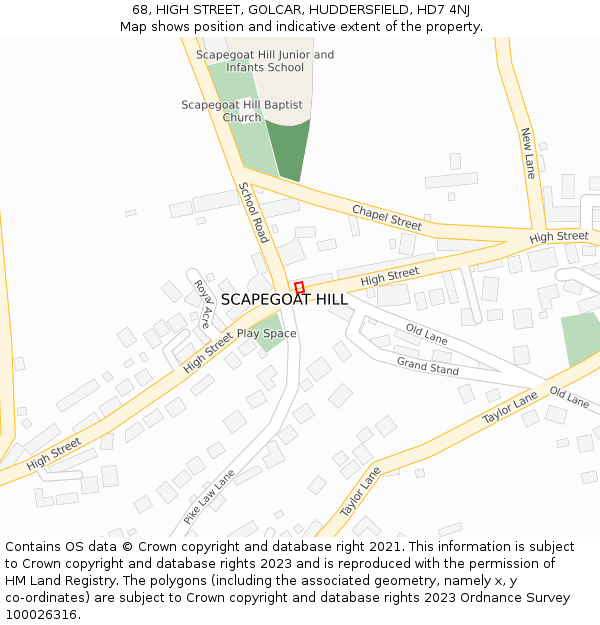 68, HIGH STREET, GOLCAR, HUDDERSFIELD, HD7 4NJ: Location map and indicative extent of plot