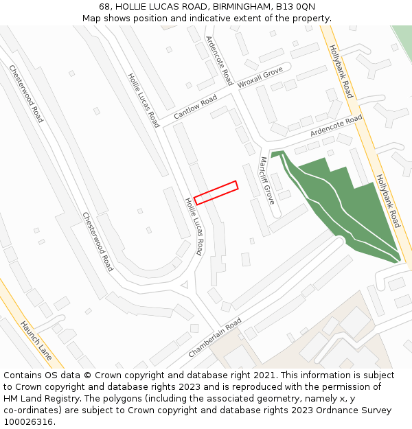 68, HOLLIE LUCAS ROAD, BIRMINGHAM, B13 0QN: Location map and indicative extent of plot