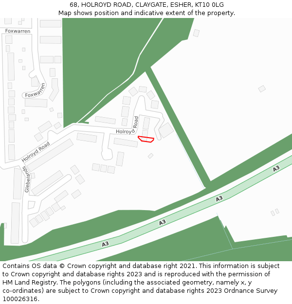 68, HOLROYD ROAD, CLAYGATE, ESHER, KT10 0LG: Location map and indicative extent of plot