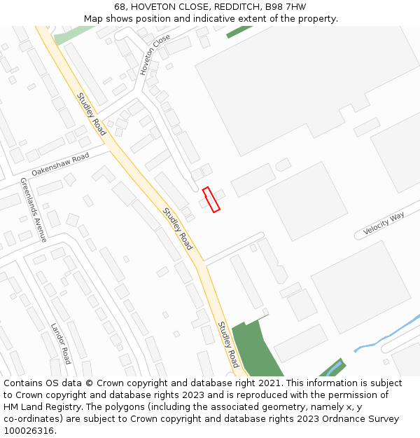 68, HOVETON CLOSE, REDDITCH, B98 7HW: Location map and indicative extent of plot