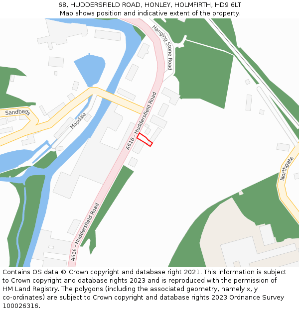68, HUDDERSFIELD ROAD, HONLEY, HOLMFIRTH, HD9 6LT: Location map and indicative extent of plot