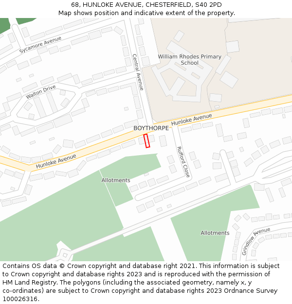 68, HUNLOKE AVENUE, CHESTERFIELD, S40 2PD: Location map and indicative extent of plot