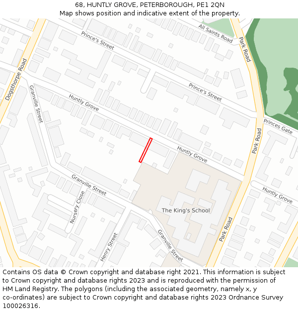 68, HUNTLY GROVE, PETERBOROUGH, PE1 2QN: Location map and indicative extent of plot