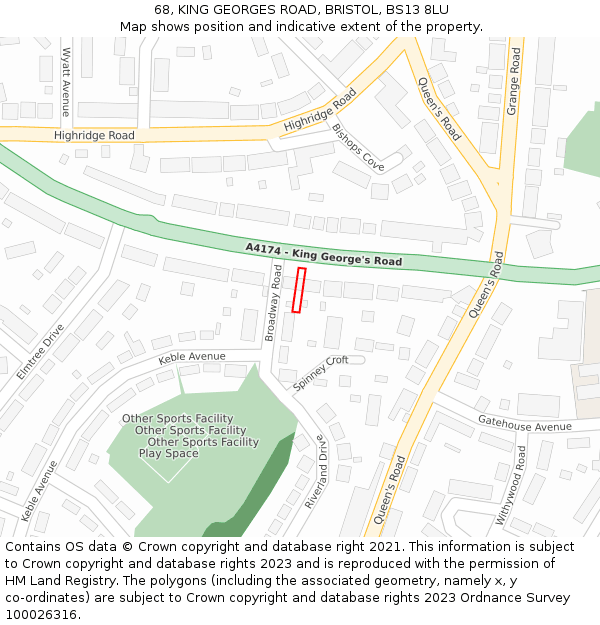 68, KING GEORGES ROAD, BRISTOL, BS13 8LU: Location map and indicative extent of plot