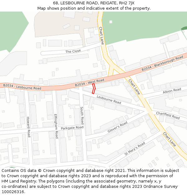 68, LESBOURNE ROAD, REIGATE, RH2 7JX: Location map and indicative extent of plot