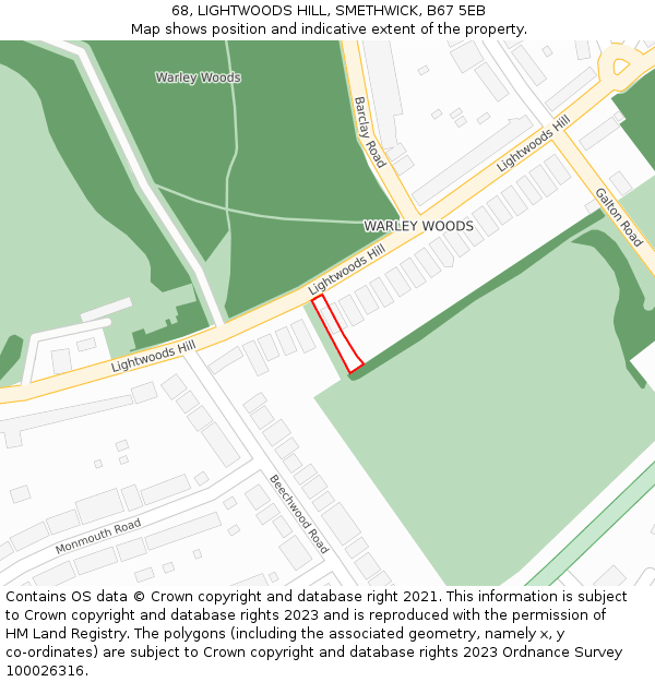 68, LIGHTWOODS HILL, SMETHWICK, B67 5EB: Location map and indicative extent of plot