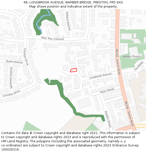 68, LONGBROOK AVENUE, BAMBER BRIDGE, PRESTON, PR5 6XG: Location map and indicative extent of plot