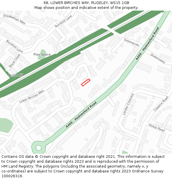 68, LOWER BIRCHES WAY, RUGELEY, WS15 1GB: Location map and indicative extent of plot