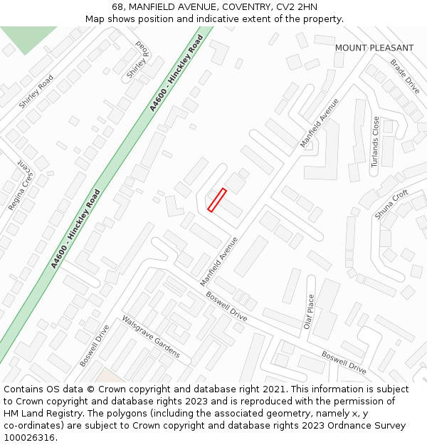 68, MANFIELD AVENUE, COVENTRY, CV2 2HN: Location map and indicative extent of plot