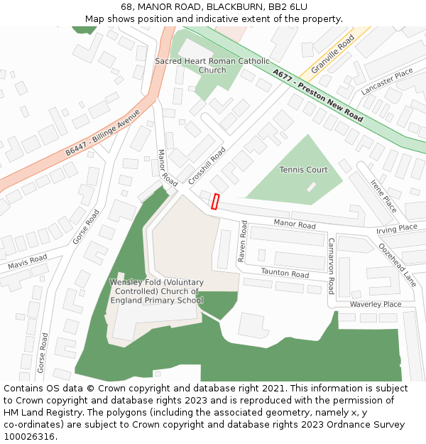68, MANOR ROAD, BLACKBURN, BB2 6LU: Location map and indicative extent of plot
