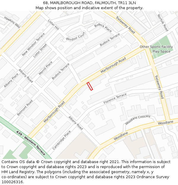68, MARLBOROUGH ROAD, FALMOUTH, TR11 3LN: Location map and indicative extent of plot