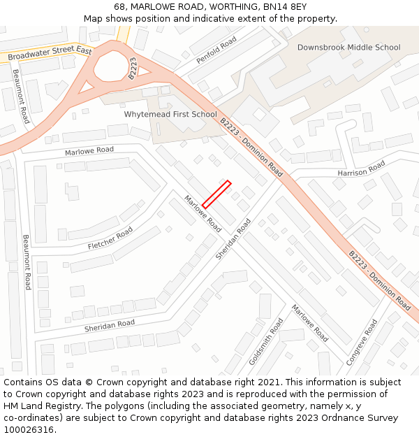 68, MARLOWE ROAD, WORTHING, BN14 8EY: Location map and indicative extent of plot