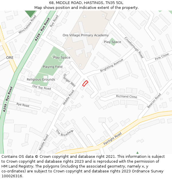 68, MIDDLE ROAD, HASTINGS, TN35 5DL: Location map and indicative extent of plot