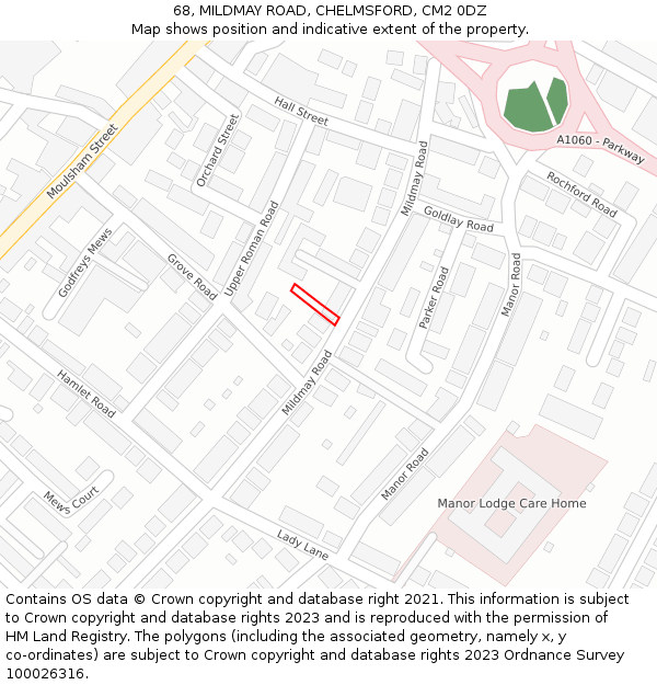 68, MILDMAY ROAD, CHELMSFORD, CM2 0DZ: Location map and indicative extent of plot