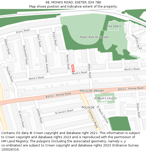 68, MONKS ROAD, EXETER, EX4 7BE: Location map and indicative extent of plot