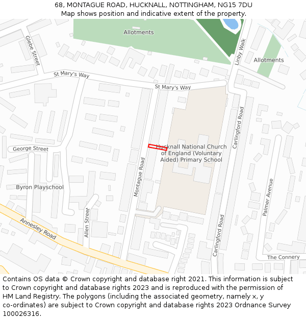 68, MONTAGUE ROAD, HUCKNALL, NOTTINGHAM, NG15 7DU: Location map and indicative extent of plot