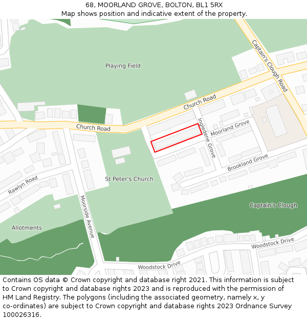 68, MOORLAND GROVE, BOLTON, BL1 5RX: Location map and indicative extent of plot