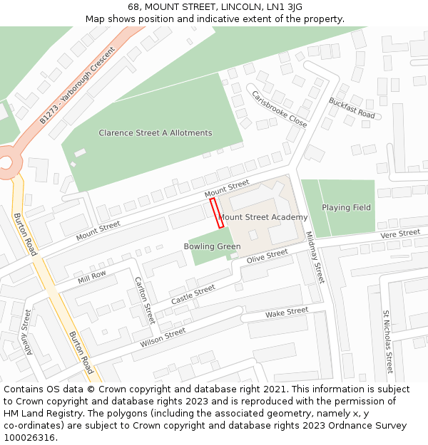 68, MOUNT STREET, LINCOLN, LN1 3JG: Location map and indicative extent of plot