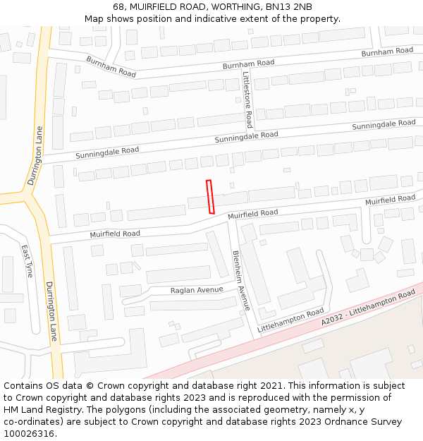 68, MUIRFIELD ROAD, WORTHING, BN13 2NB: Location map and indicative extent of plot
