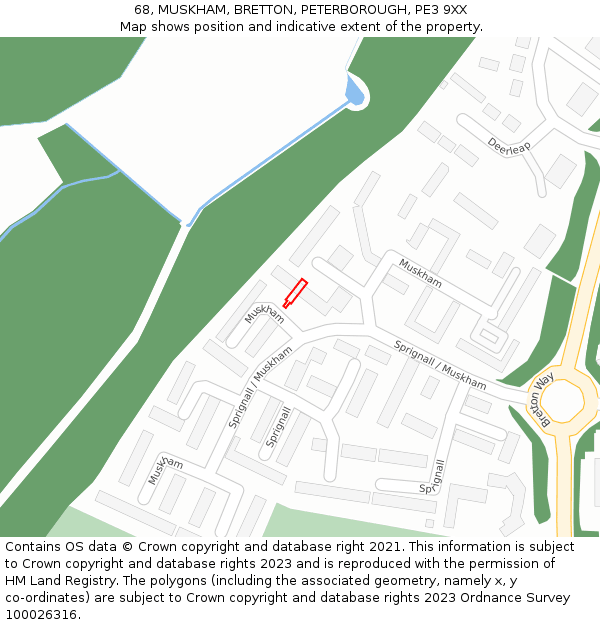 68, MUSKHAM, BRETTON, PETERBOROUGH, PE3 9XX: Location map and indicative extent of plot
