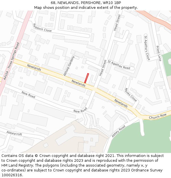 68, NEWLANDS, PERSHORE, WR10 1BP: Location map and indicative extent of plot