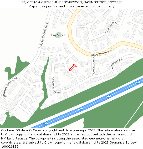 68, OCEANA CRESCENT, BEGGARWOOD, BASINGSTOKE, RG22 4FE: Location map and indicative extent of plot