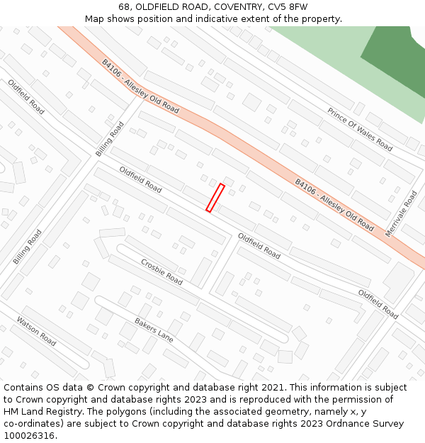 68, OLDFIELD ROAD, COVENTRY, CV5 8FW: Location map and indicative extent of plot