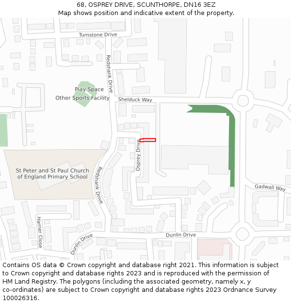 68, OSPREY DRIVE, SCUNTHORPE, DN16 3EZ: Location map and indicative extent of plot