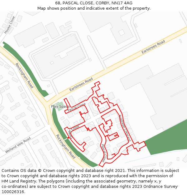 68, PASCAL CLOSE, CORBY, NN17 4AG: Location map and indicative extent of plot