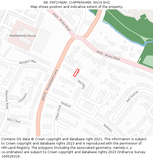 68, PATCHWAY, CHIPPENHAM, SN14 0HZ: Location map and indicative extent of plot